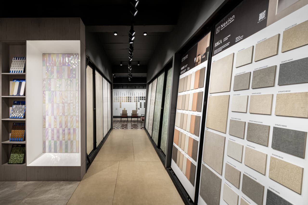 Curated tile and slab displays at the IDC studio