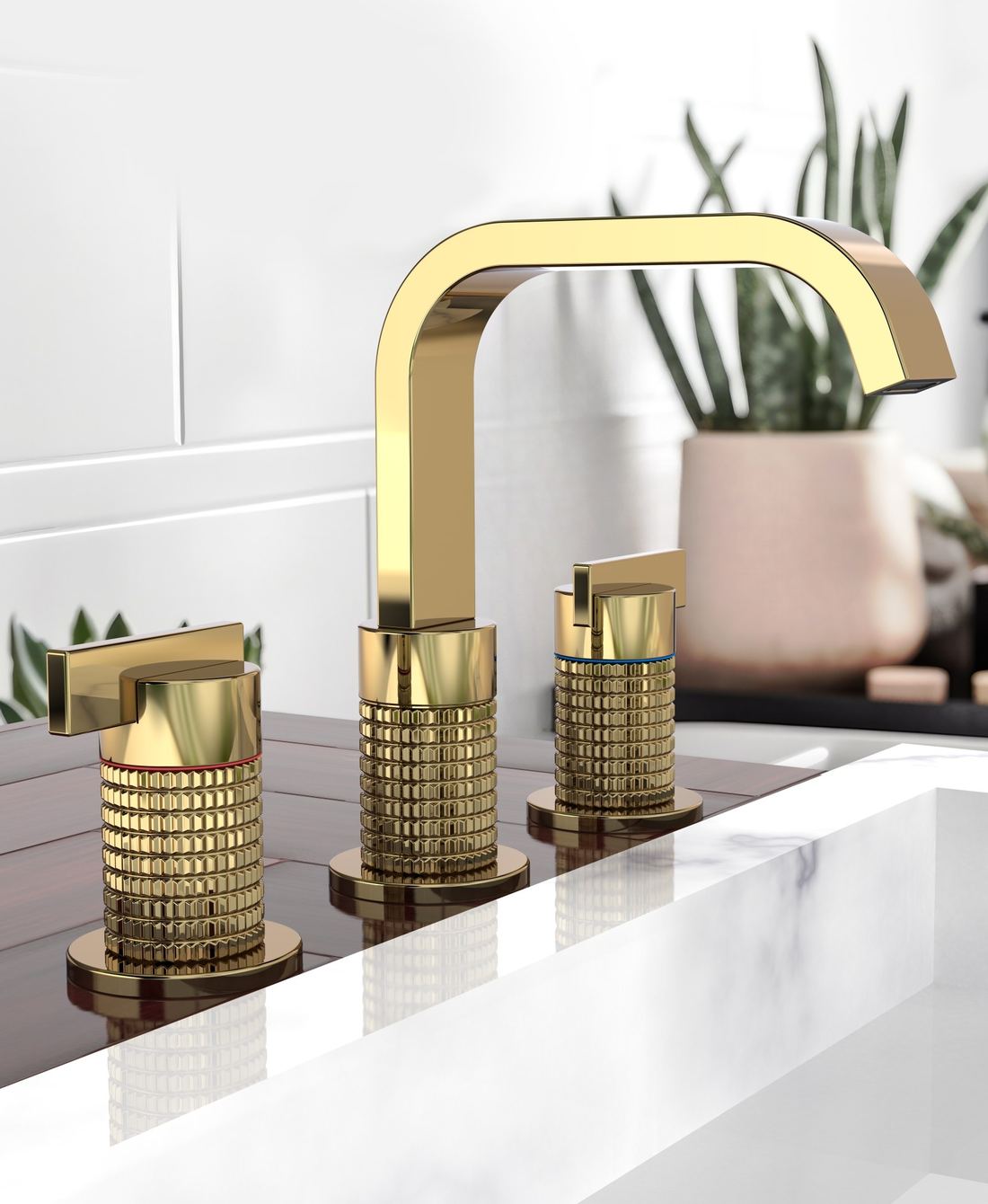 Gold knurled three-hole basin mixer — Bath fitting — Imperial Design Concepts, Mohali