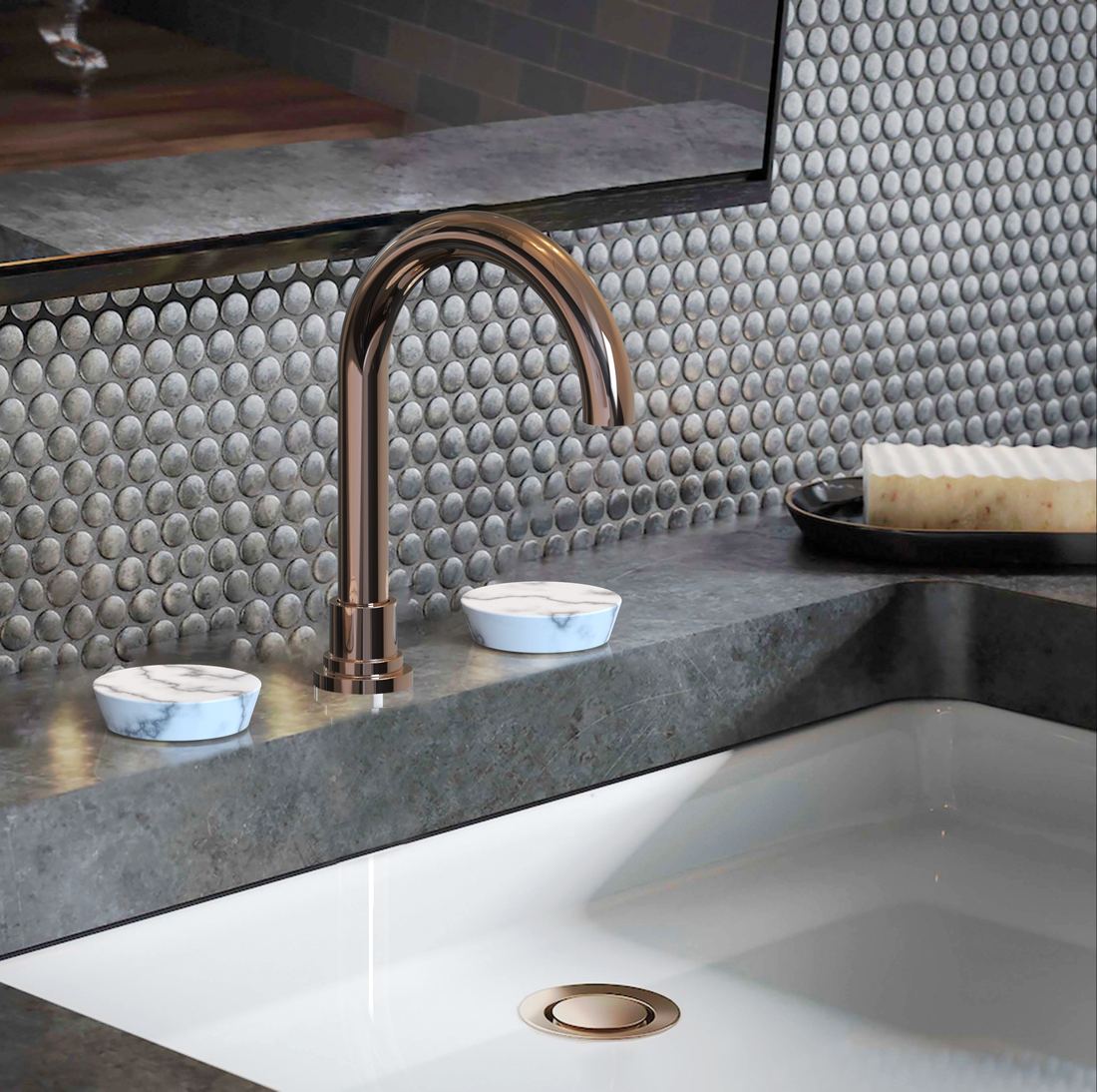 Rose gold basin spout on stone — Bath fitting — Imperial Design Concepts, Mohali