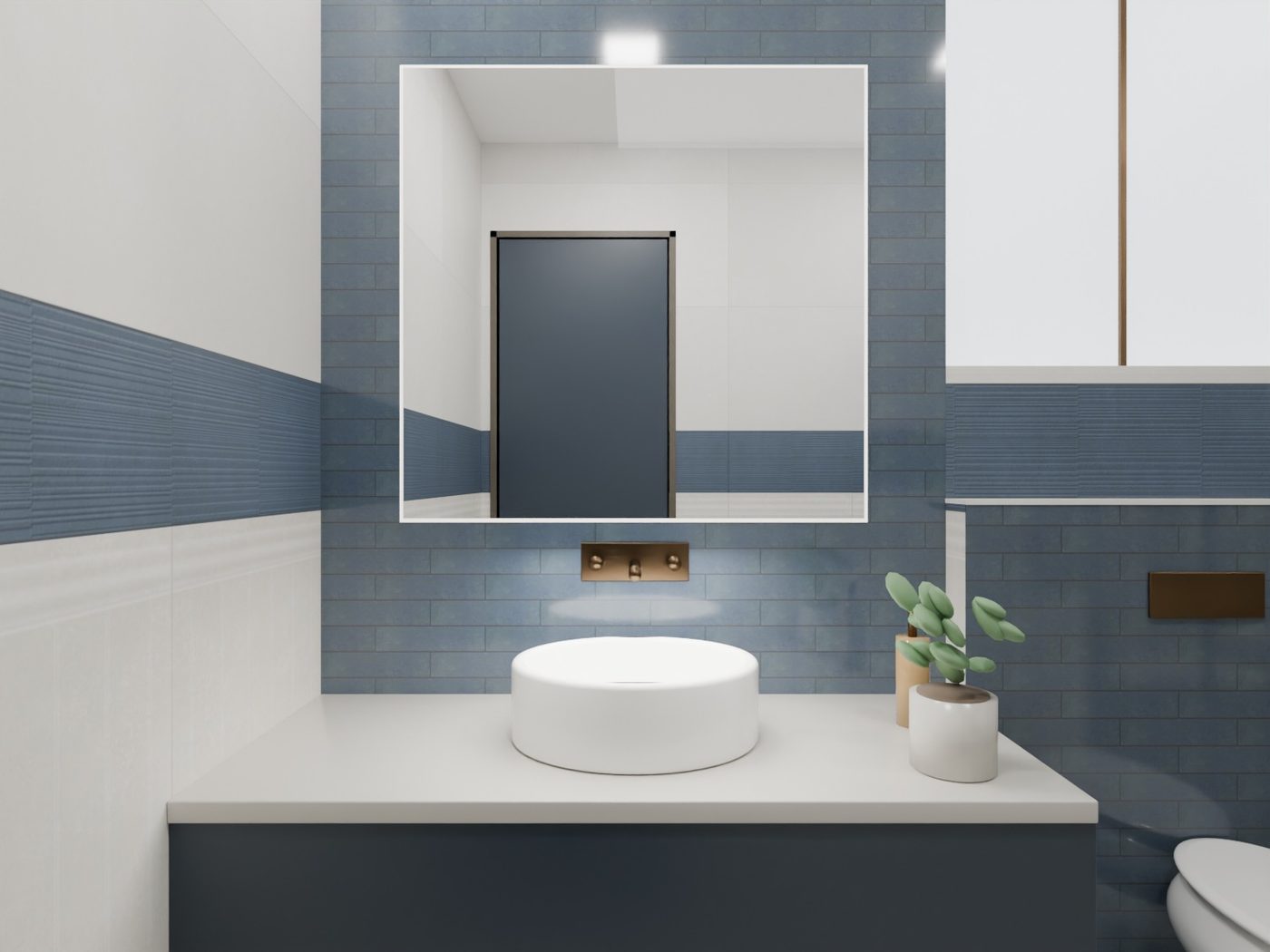 Basin Wall in Aqua — 3D washroom visualisation using actual IDC tiles, Ribbed blue wall tile · bronze fittings