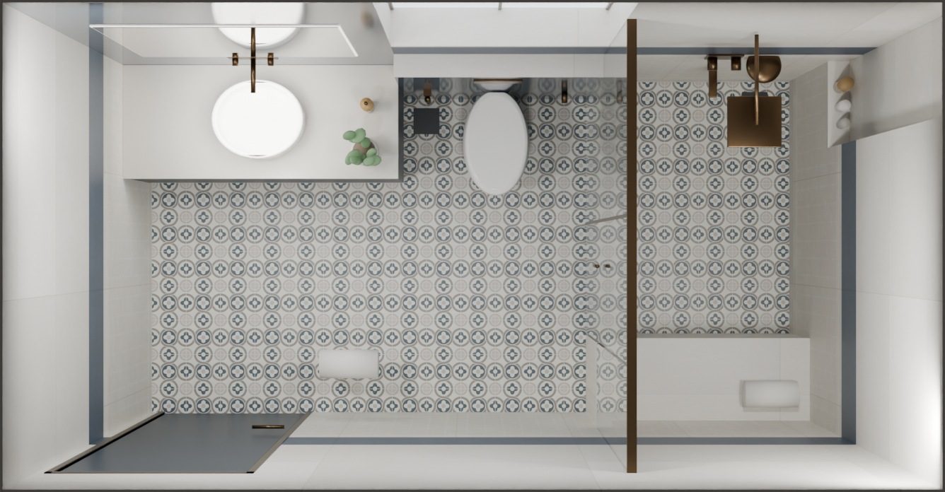Plan View · Aqua Scheme — 3D washroom visualisation using actual IDC tiles, Rendered from the architect’s layout