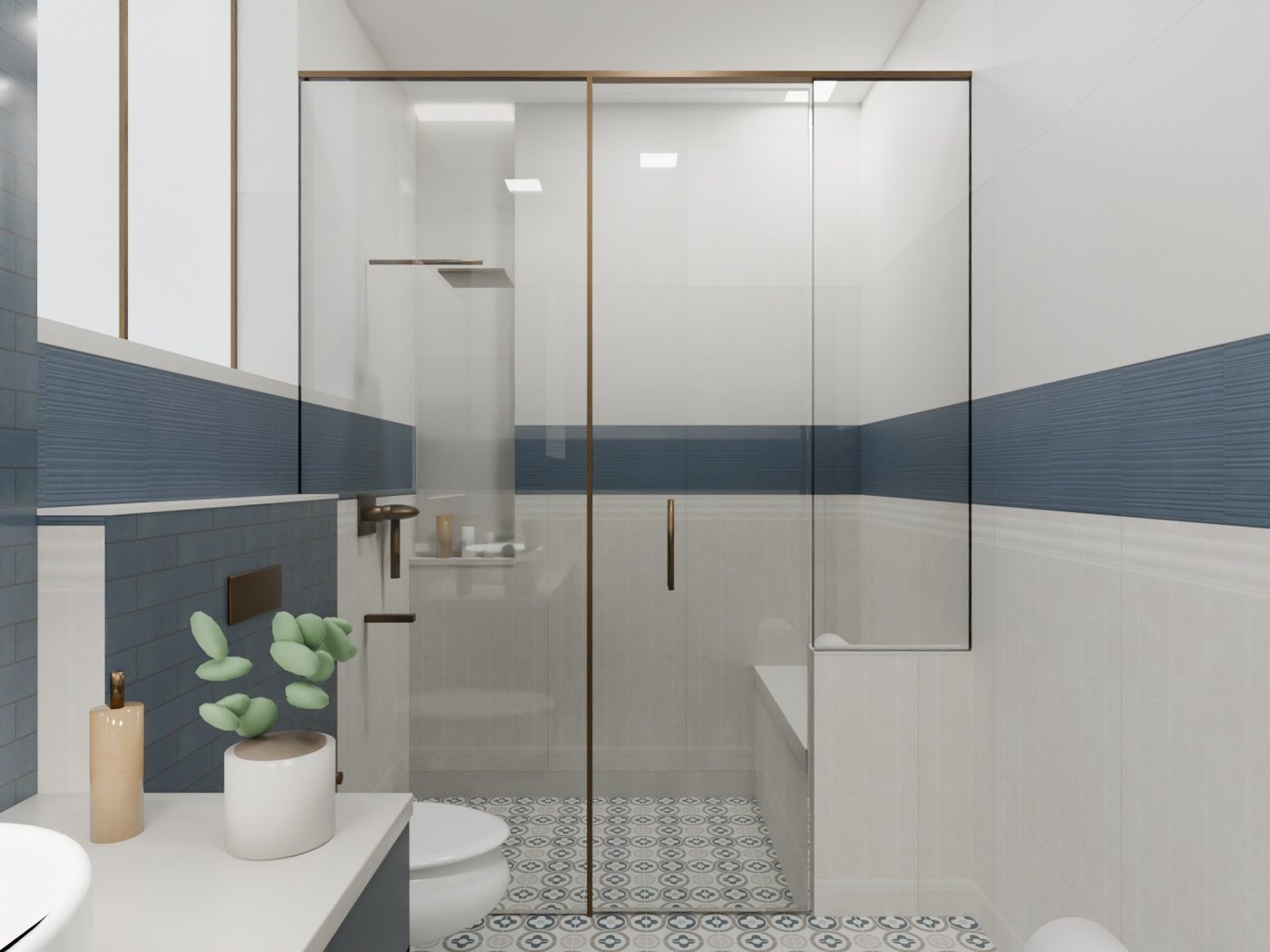 Full Room View — 3D washroom visualisation using actual IDC tiles, Patterned floor · ribbed blue walls