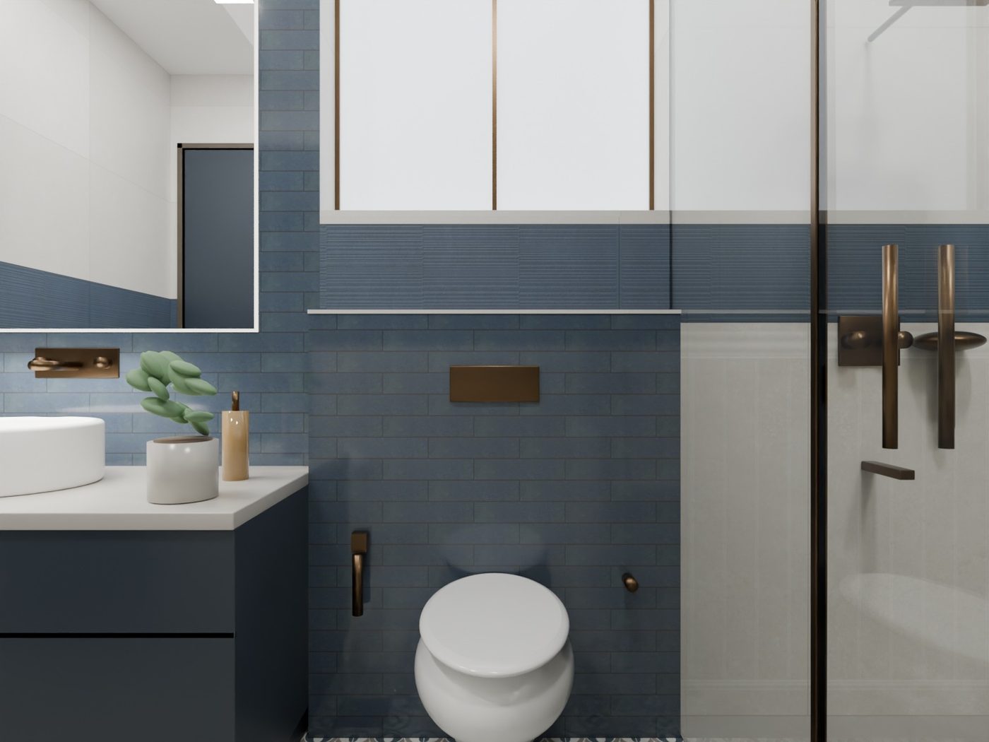 WC & Vanity Run — 3D washroom visualisation using actual IDC tiles, Blue dado · bronze fittings