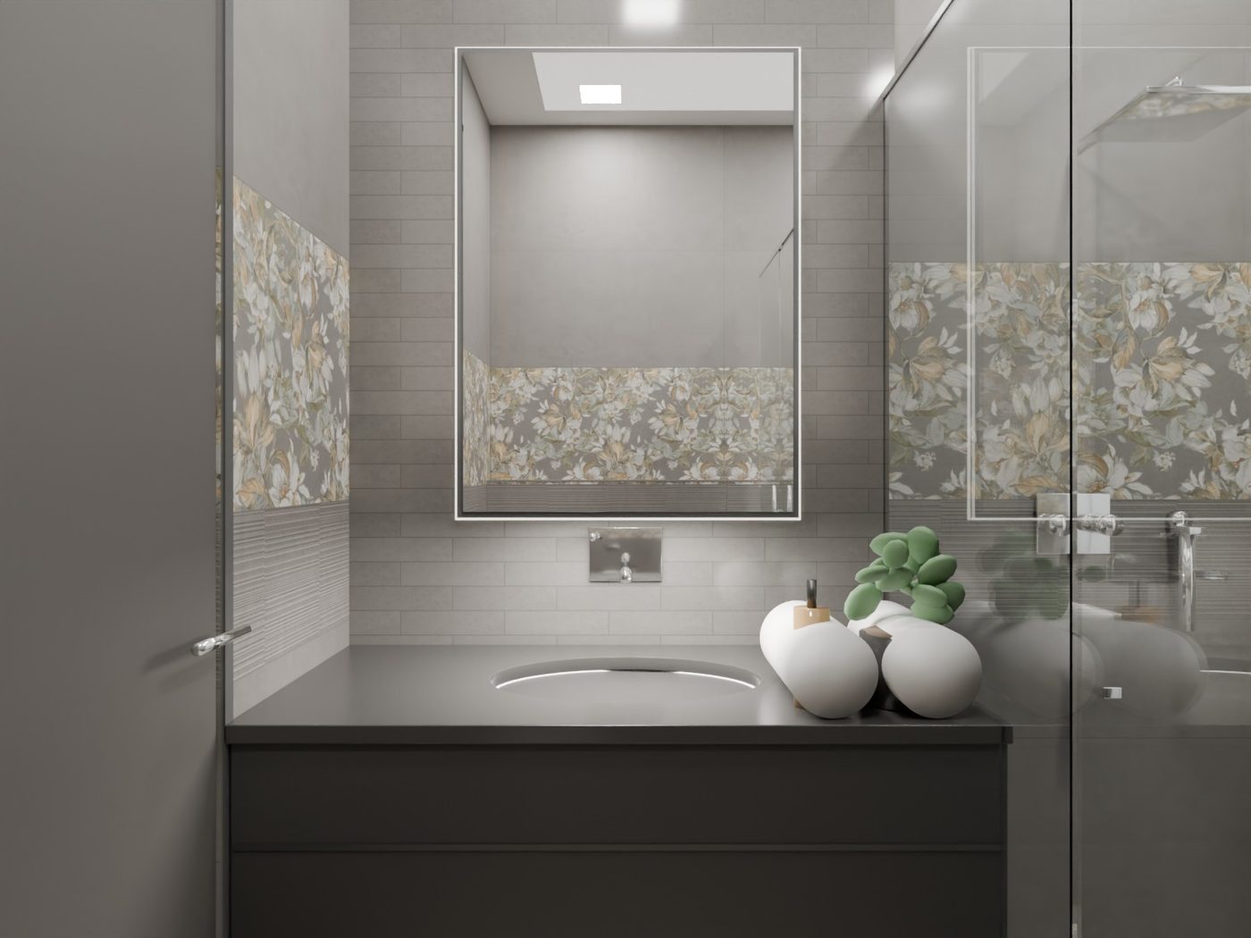 Vanity in Graphite — 3D washroom visualisation using actual IDC tiles, Decor band · dark vanity