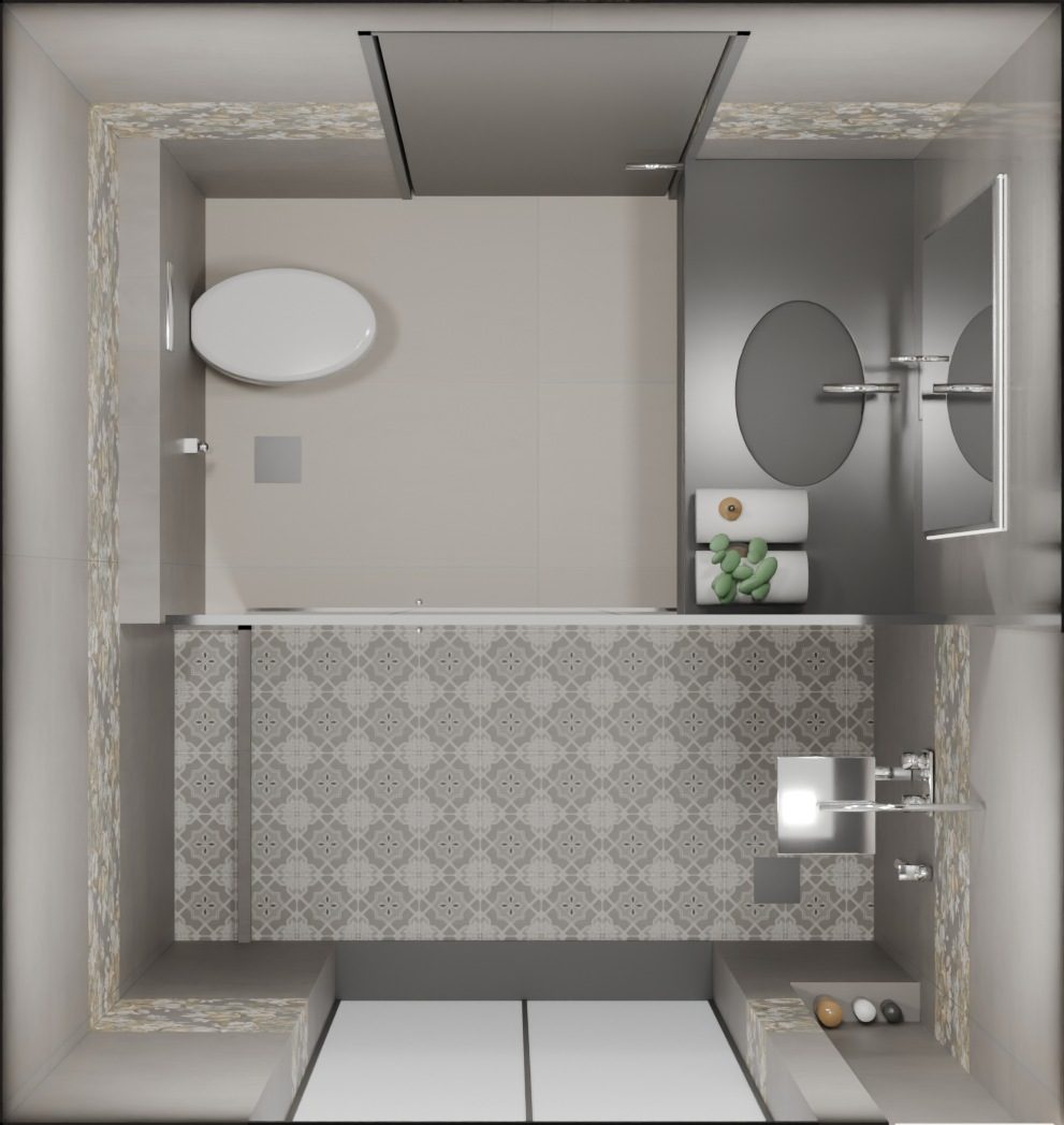 Plan View · Graphite Scheme — 3D washroom visualisation using actual IDC tiles, Rendered from the architect’s layout