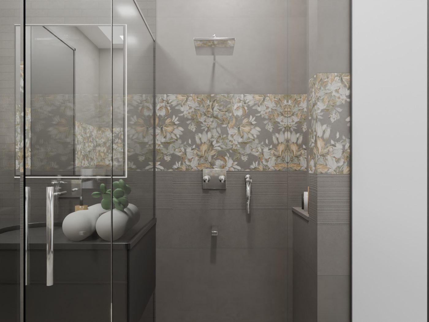 Shower Recess in Graphite — 3D washroom visualisation using actual IDC tiles, Ribbed graphite panel · floral decor band