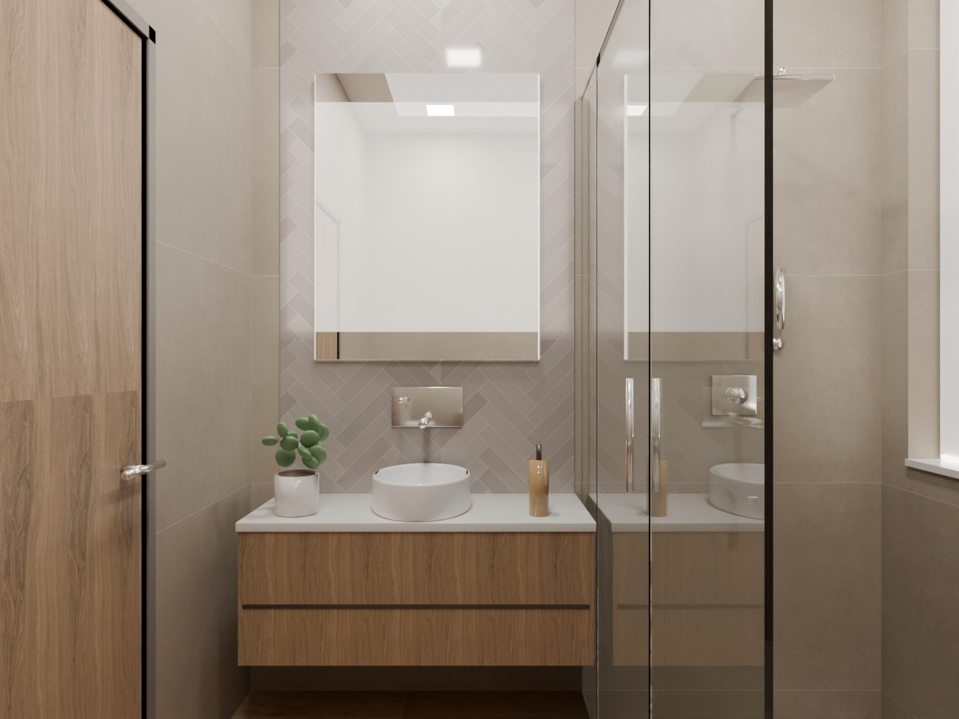 Vanity in Warm Neutrals — 3D washroom visualisation using actual IDC tiles, Herringbone wall · oak vanity