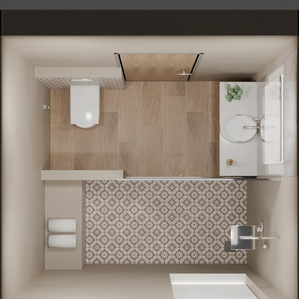 Plan View · Warm Scheme — 3D washroom visualisation using actual IDC tiles, Rendered from the architect’s layout