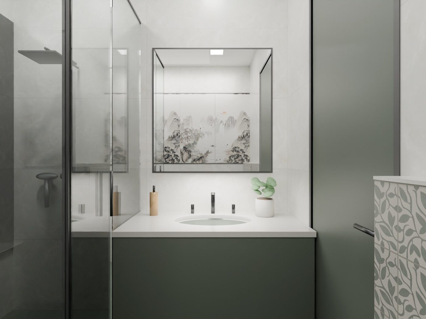 Vanity & Mirror Wall — 3D washroom visualisation using actual IDC tiles, Framed mural panel · undercounter basin