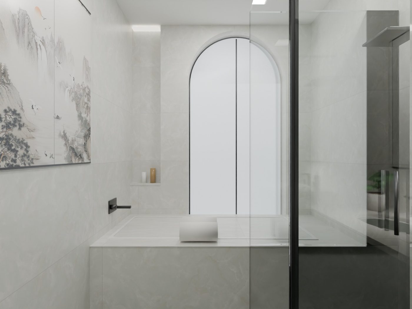 3D visualisation of a washroom bathing area built with actual IDC tiles &mdash; large-format stone look with a patterned feature wall