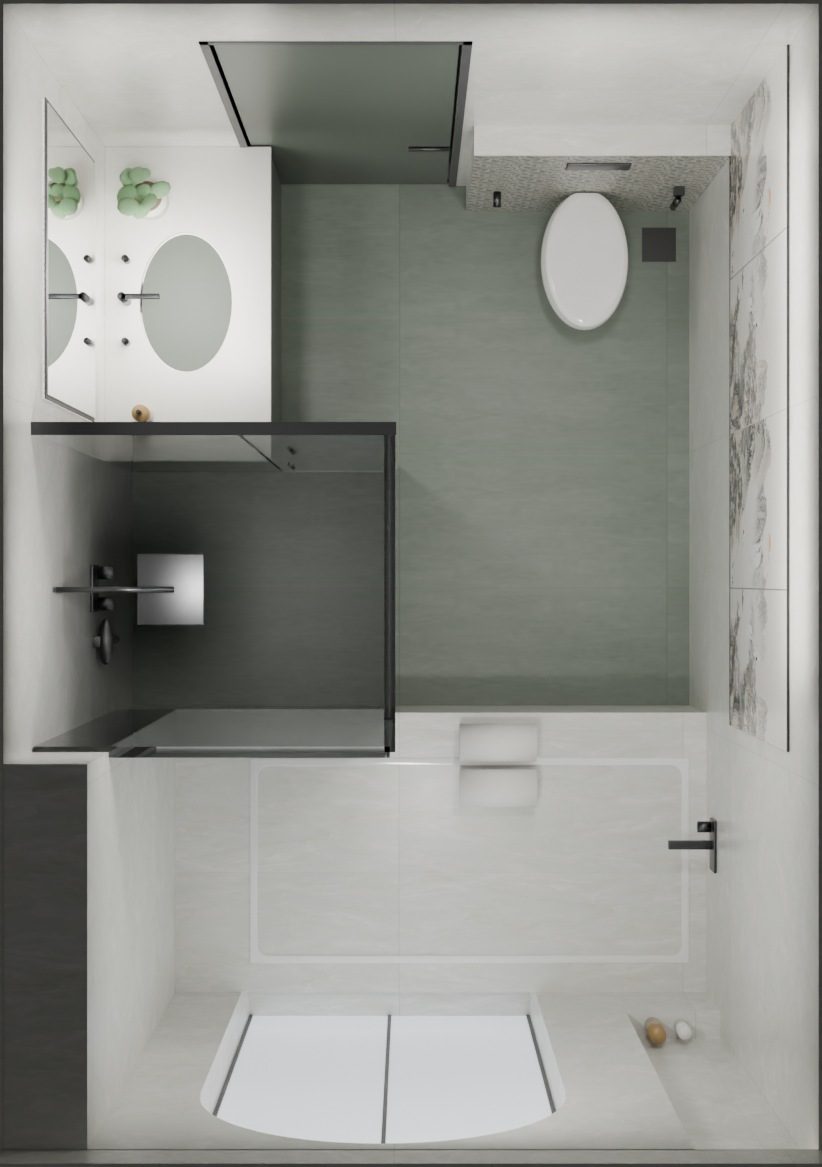 Plan View · Sage Scheme — 3D washroom visualisation using actual IDC tiles, Rendered from the architect’s layout