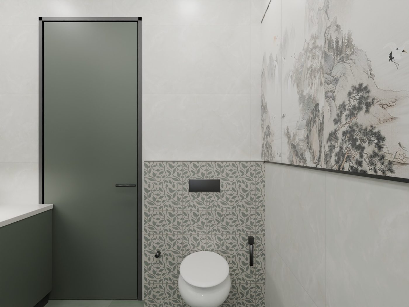 WC Wall & Entry — 3D washroom visualisation using actual IDC tiles, Patterned dado · sage joinery