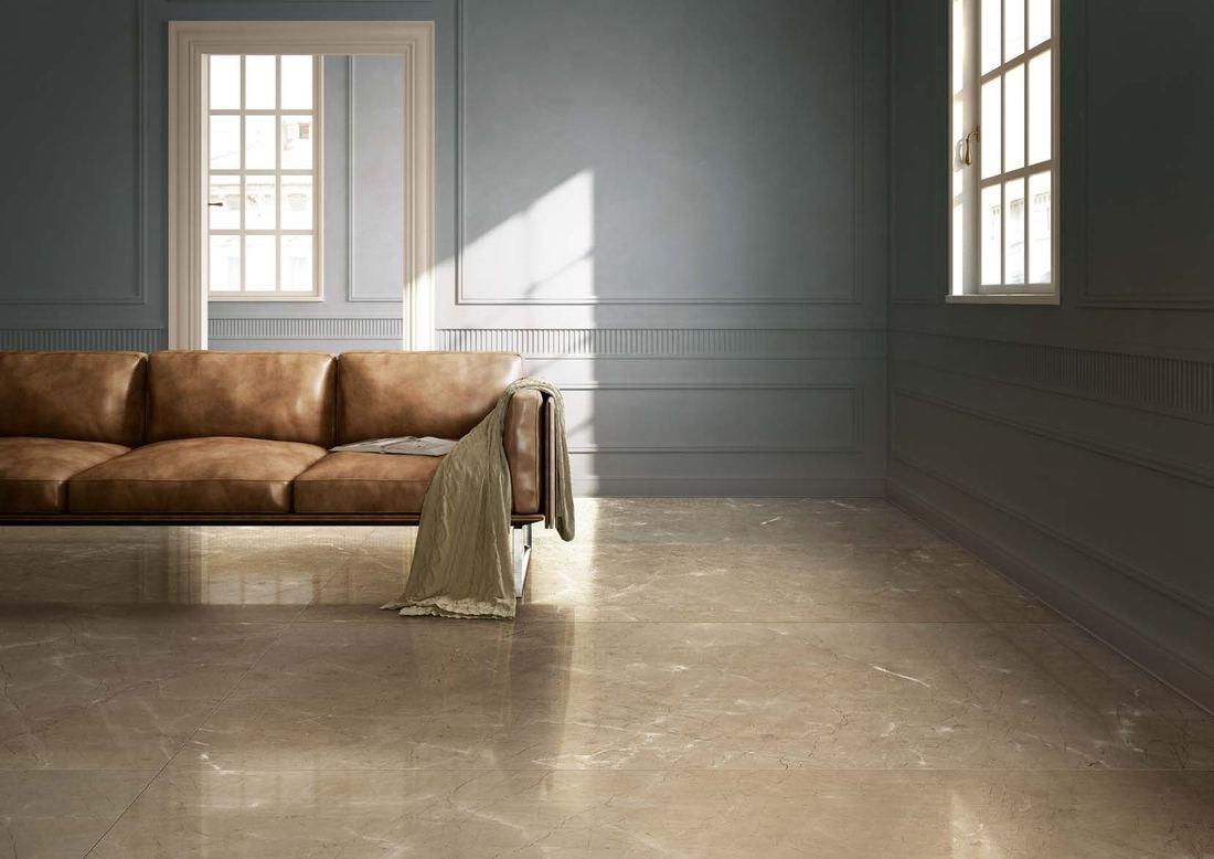 Beige stone floor living room — 1200 × 2400 mm slab — Imperial Design Concepts, Mohali