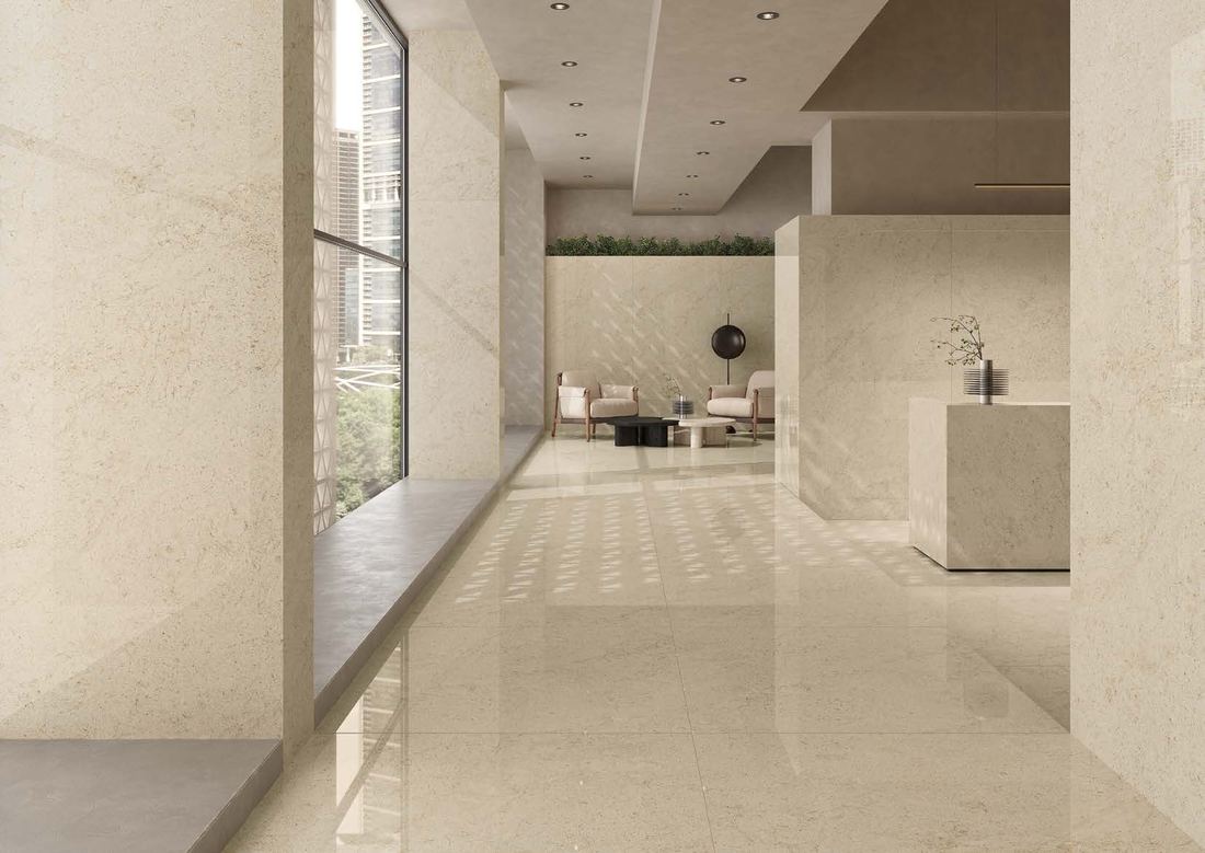 Beige stone gallery corridor — 1200 × 2400 mm slab — Imperial Design Concepts, Mohali