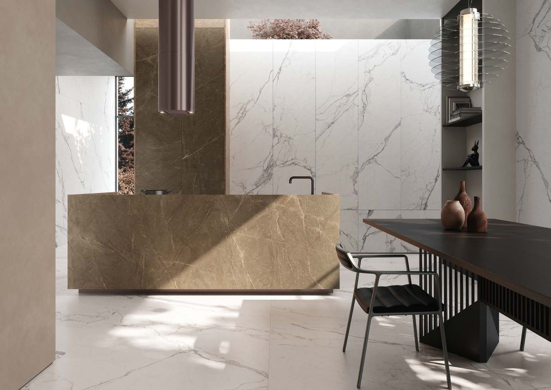 Beige stone kitchen island — 1200 × 2400 mm slab — Imperial Design Concepts, Mohali