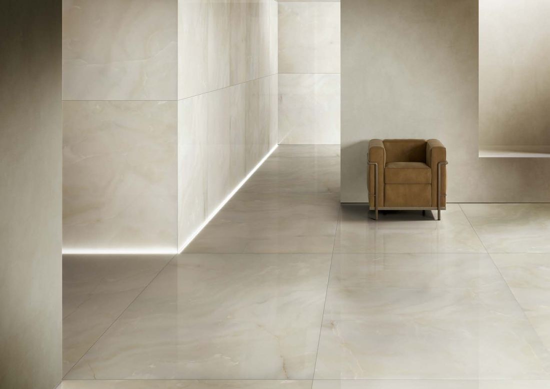 Beige stone-look corridor — 1200 × 2400 mm slab — Imperial Design Concepts, Mohali