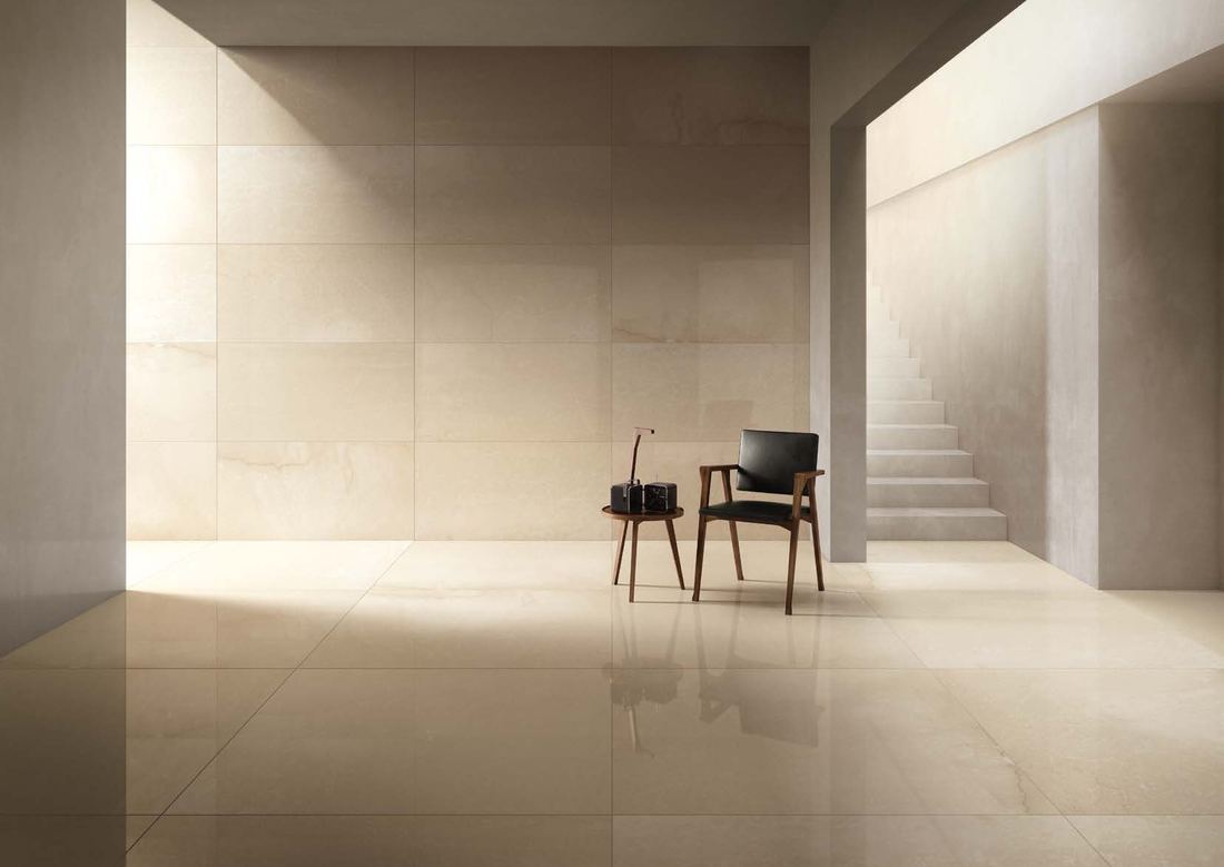 Beige stone-look grand hall — 1200 × 2400 mm slab — Imperial Design Concepts, Mohali