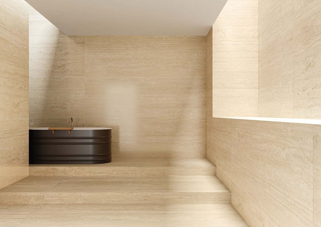 Cream stone-look bathing space — 1200 × 2400 mm slab — Imperial Design Concepts, Mohali