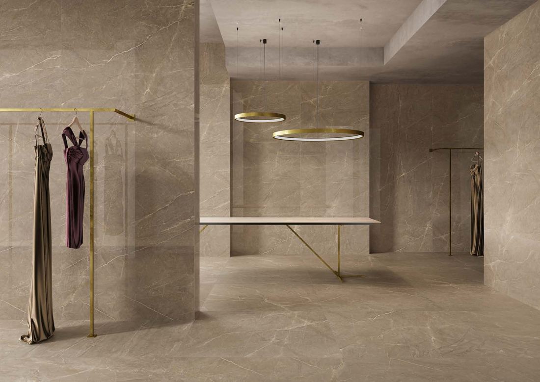Cream stone-look retail interior — 1200 × 2400 mm slab — Imperial Design Concepts, Mohali