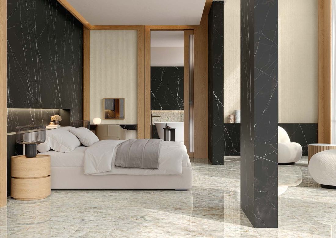 Dark marble accent bedroom — 1200 × 2400 mm slab — Imperial Design Concepts, Mohali