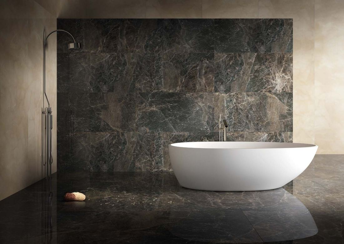 Dark marble bathroom feature wall — 1200 × 2400 mm slab — Imperial Design Concepts, Mohali