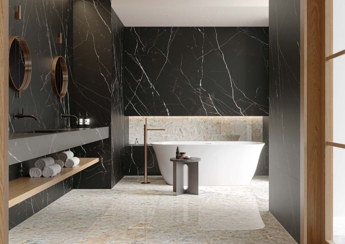 Dark marble bathroom with wood — 1200 × 2400 mm slab — Imperial Design Concepts, Mohali
