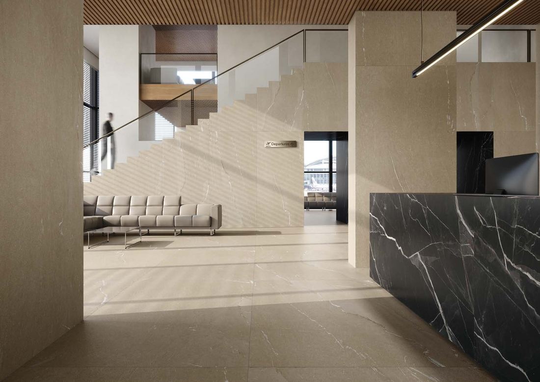 Dark marble reception counter — 1200 × 2400 mm slab — Imperial Design Concepts, Mohali