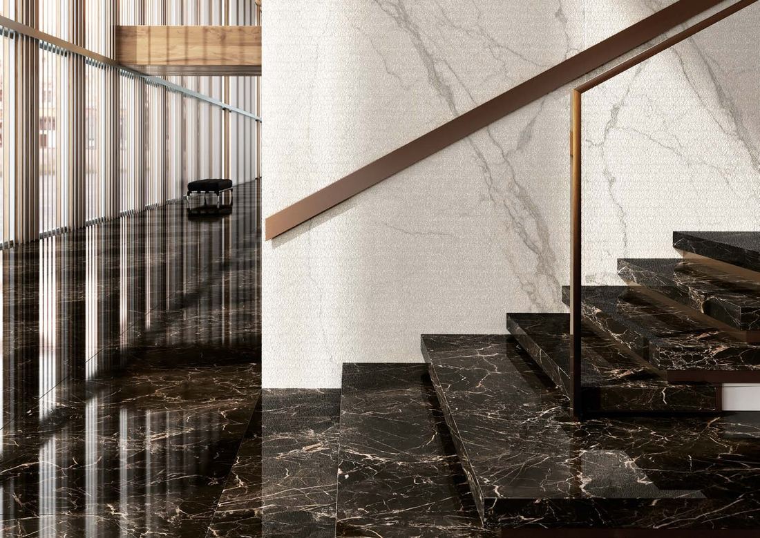 Dark marble staircase — 1200 × 2400 mm slab — Imperial Design Concepts, Mohali