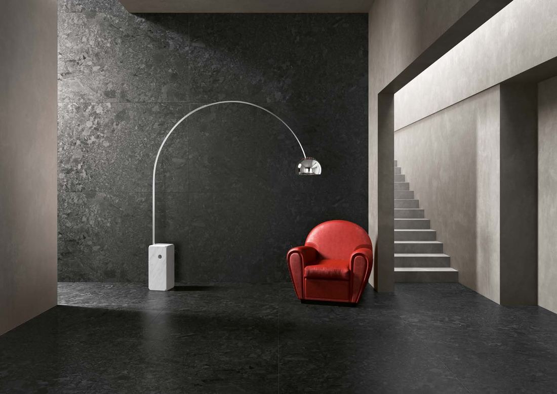 Dark stone-look lounge wall — 1200 × 2400 mm slab — Imperial Design Concepts, Mohali