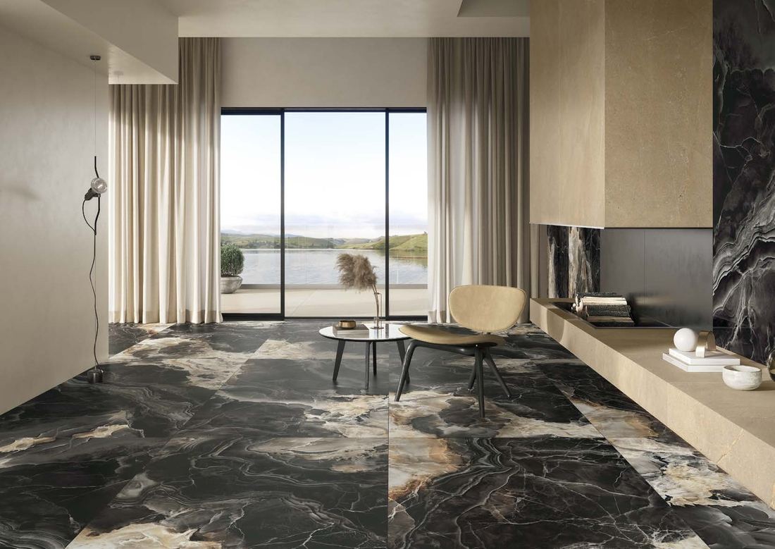 Dark veined marble flooring — 1200 × 2400 mm slab — Imperial Design Concepts, Mohali