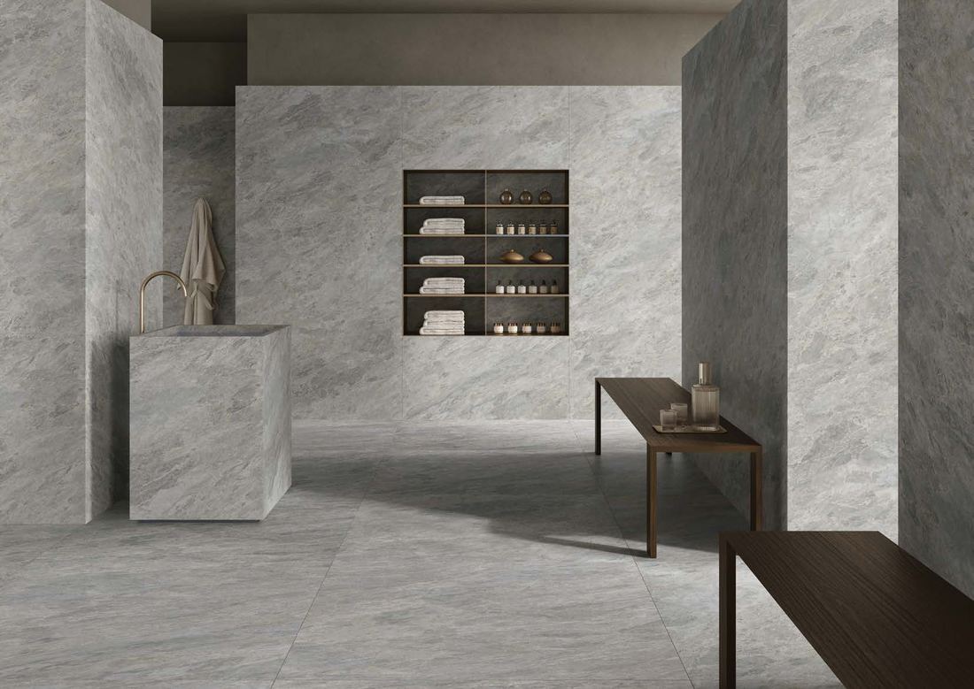 Grey marble display wall — 1200 × 2400 mm slab — Imperial Design Concepts, Mohali