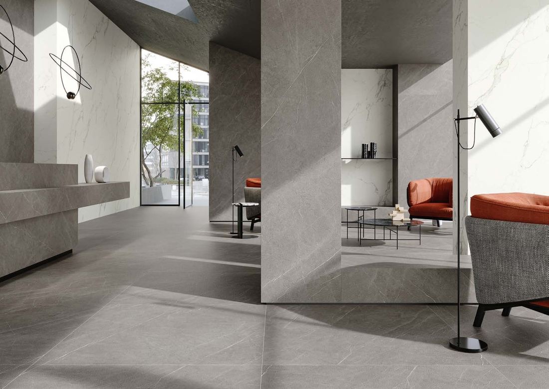 Grey marble open living space — 1200 × 2400 mm slab — Imperial Design Concepts, Mohali