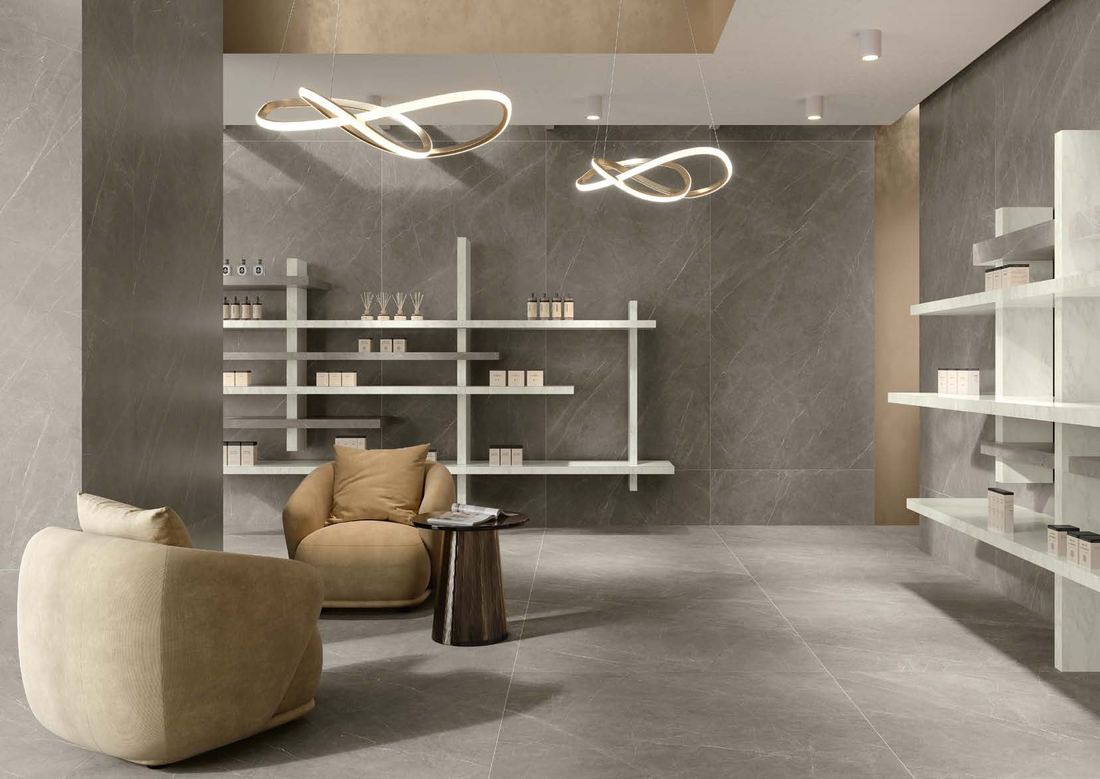 Grey stone-look retail lounge — 1200 × 2400 mm slab — Imperial Design Concepts, Mohali