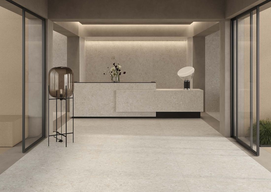 Grey stone reception counter — 1200 × 2400 mm slab — Imperial Design Concepts, Mohali