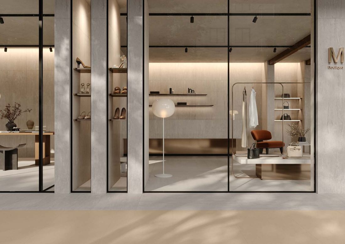 Grey stone showroom entrance — 1200 × 2400 mm slab — Imperial Design Concepts, Mohali