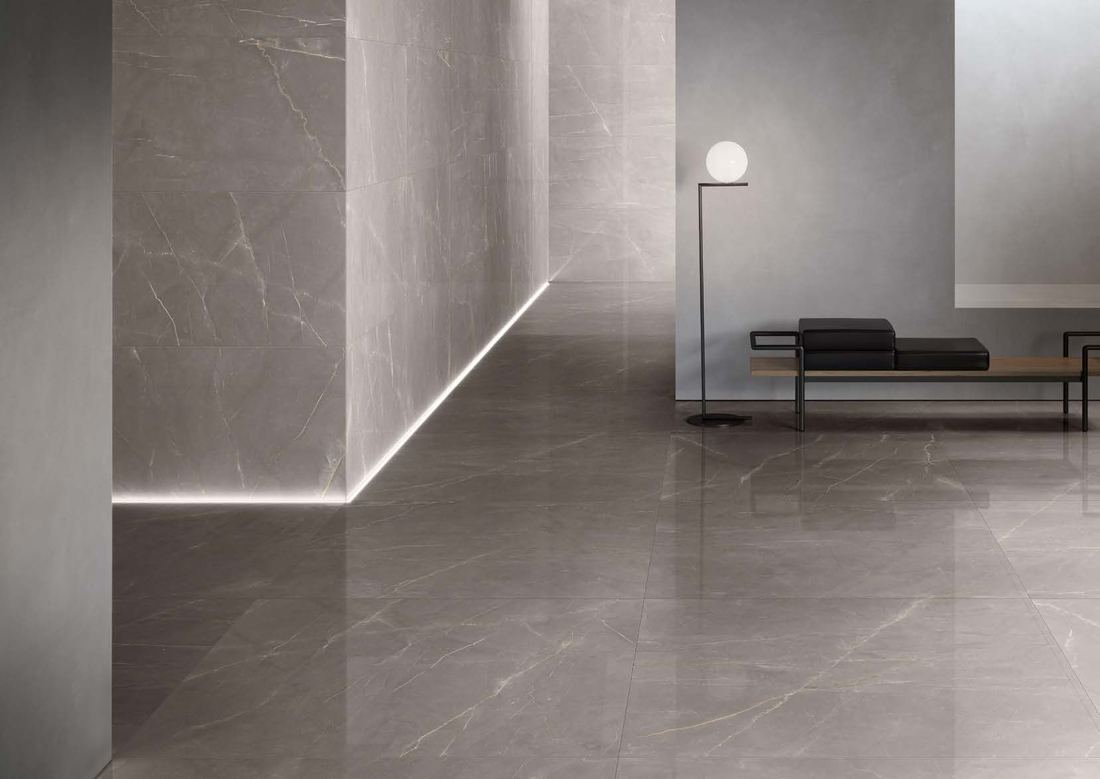 Grey stone staircase corridor — 1200 × 2400 mm slab — Imperial Design Concepts, Mohali