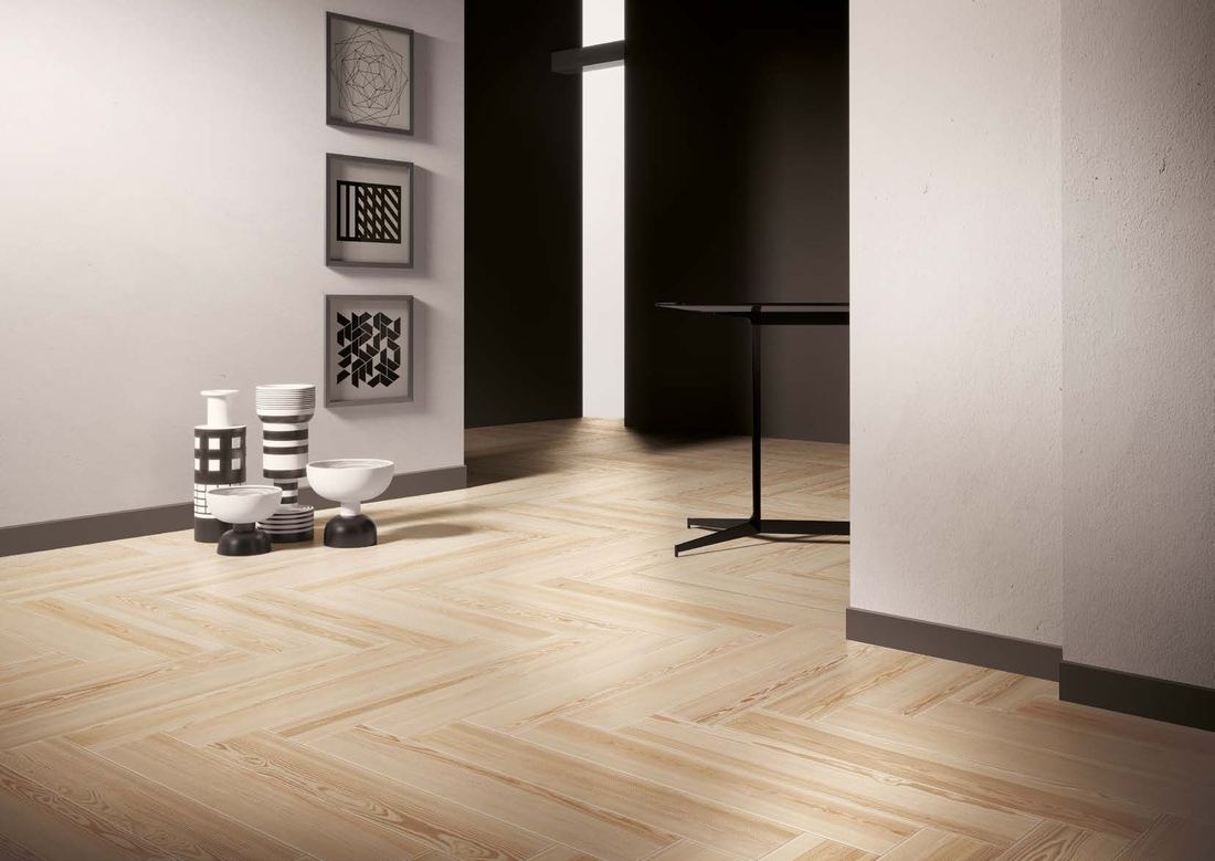 Herringbone wood-look flooring — 1200 × 2400 mm slab — Imperial Design Concepts, Mohali