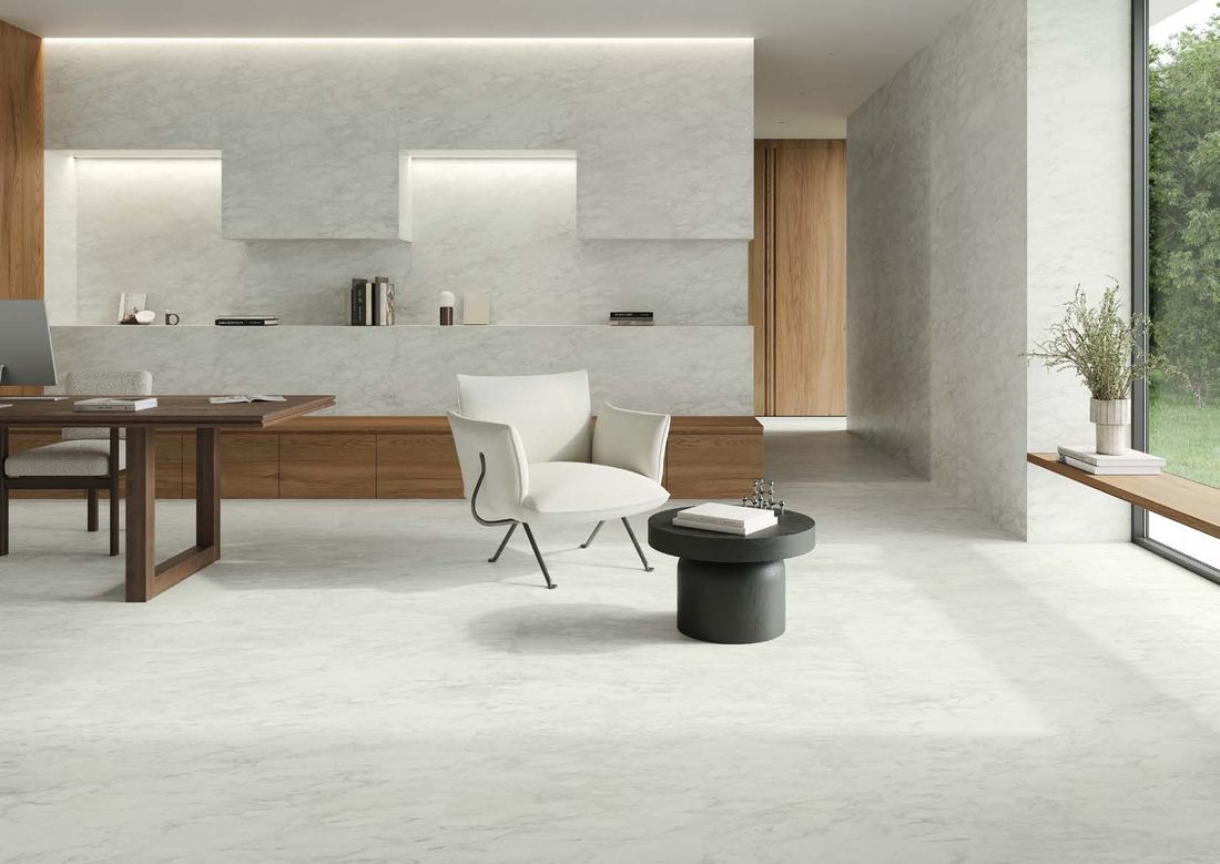 Light stone dining kitchen — 1200 × 2400 mm slab — Imperial Design Concepts, Mohali