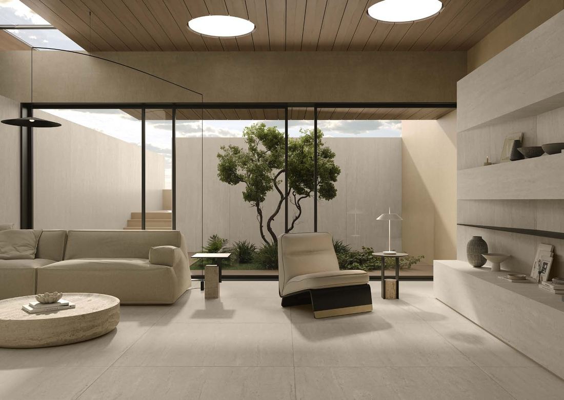 Light stone lounge atrium — 1200 × 2400 mm slab — Imperial Design Concepts, Mohali