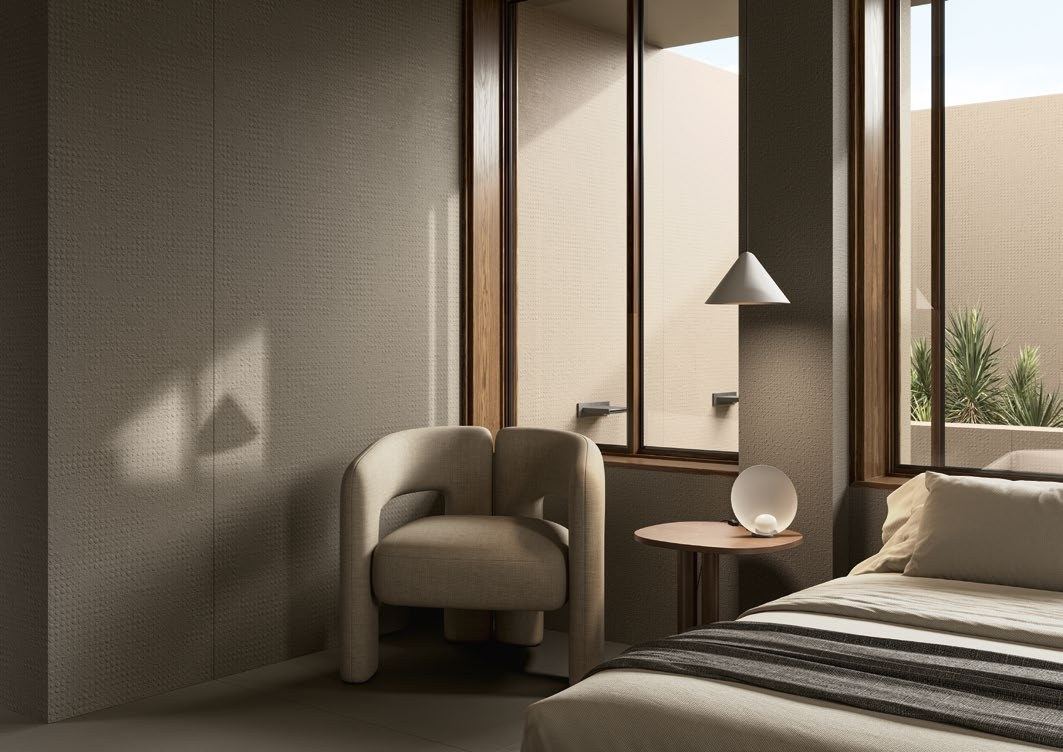 Neutral bedroom with stone walls — 1200 × 2400 mm slab — Imperial Design Concepts, Mohali