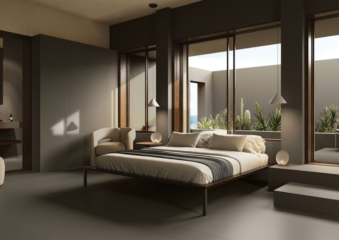 Neutral stone bedroom suite — 1200 × 2400 mm slab — Imperial Design Concepts, Mohali
