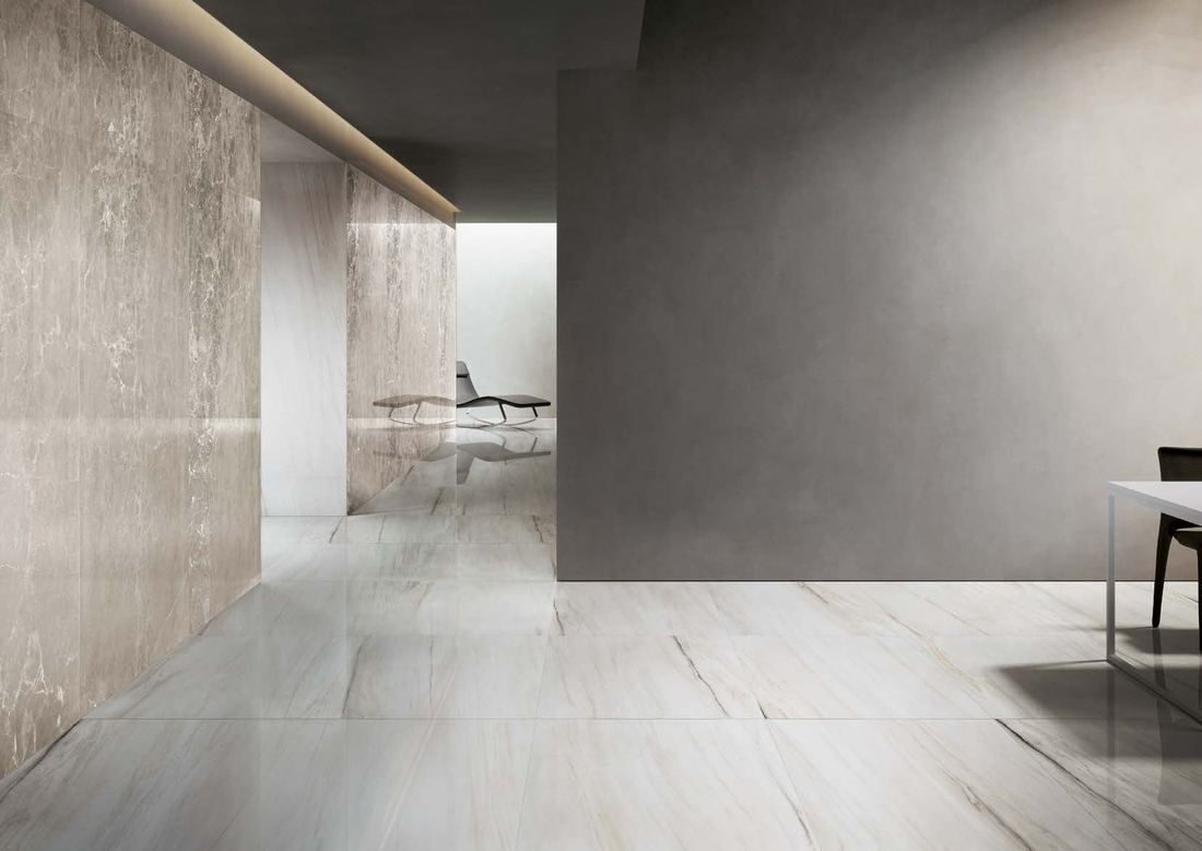 Pale stone-look corridor — 1200 × 2400 mm slab — Imperial Design Concepts, Mohali
