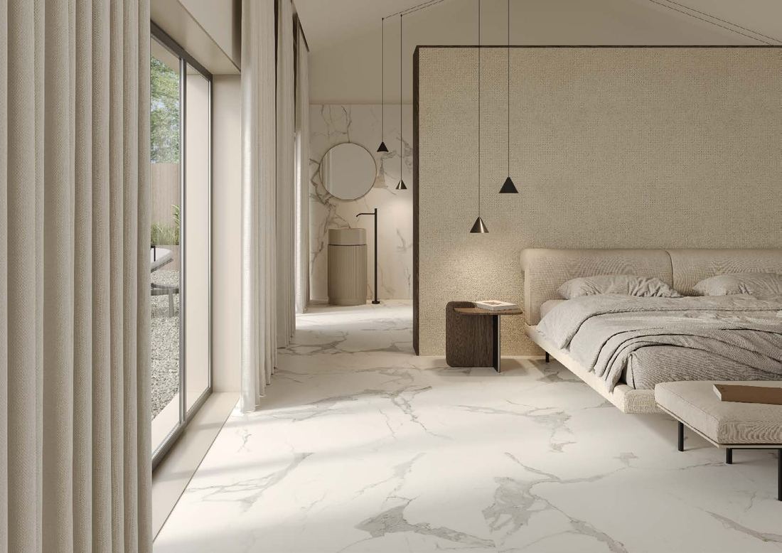 Soft white marble bedroom — 1200 × 2400 mm slab — Imperial Design Concepts, Mohali