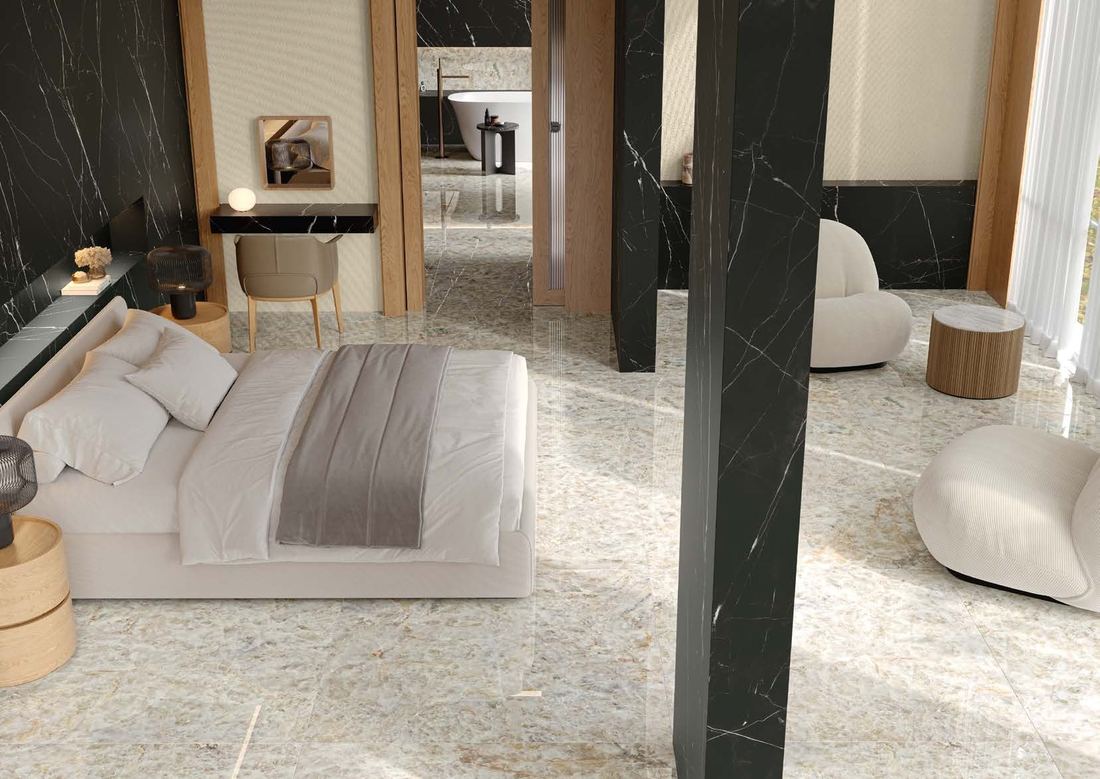 Stone-look bedroom flooring — 1200 × 2400 mm slab — Imperial Design Concepts, Mohali