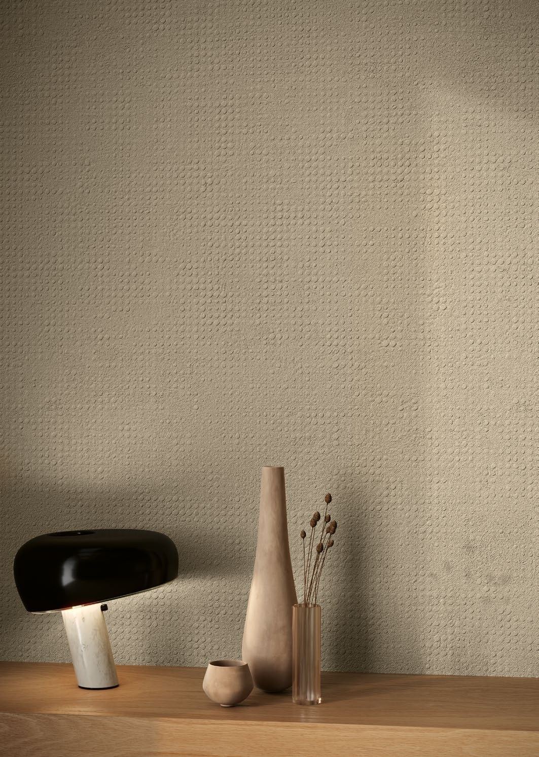 Textured wall styling vignette — 1200 × 2400 mm slab — Imperial Design Concepts, Mohali