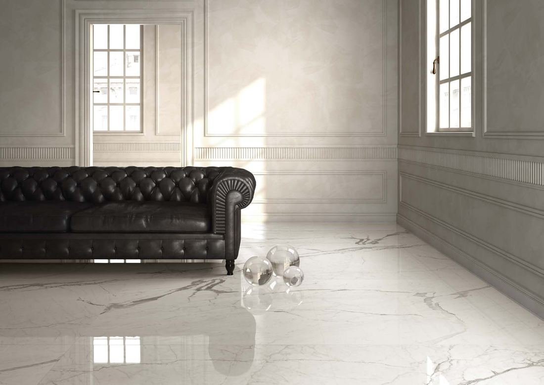 Veined white marble living space — 1200 × 2400 mm slab — Imperial Design Concepts, Mohali