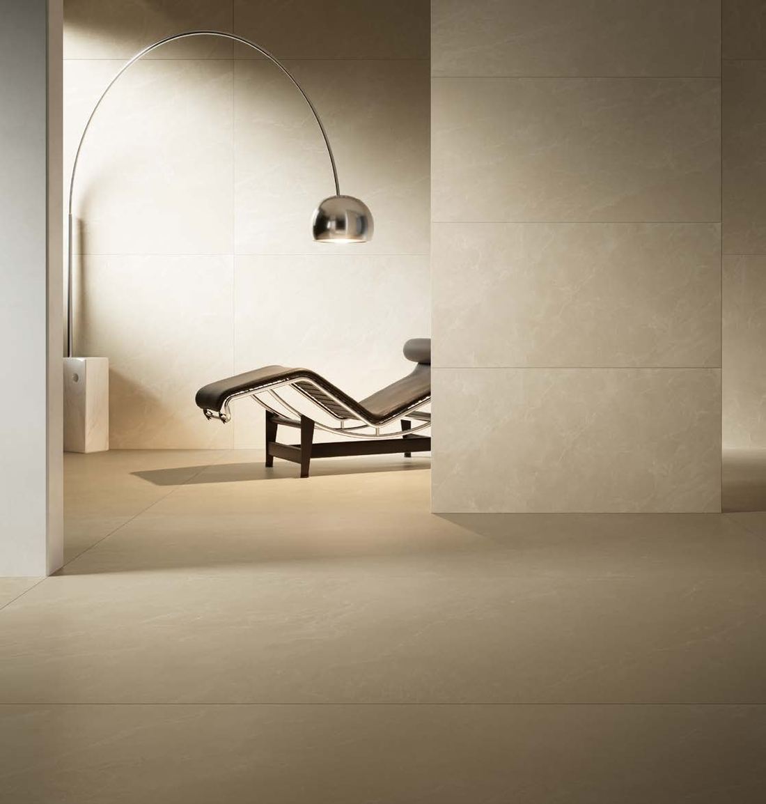 Warm beige lounge space — 1200 × 2400 mm slab — Imperial Design Concepts, Mohali
