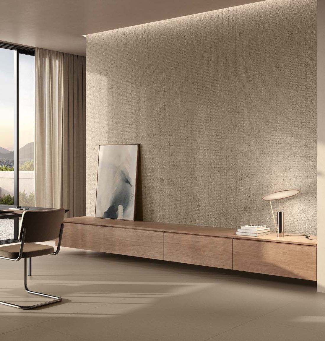 Warm neutral living room — 1200 × 2400 mm slab — Imperial Design Concepts, Mohali