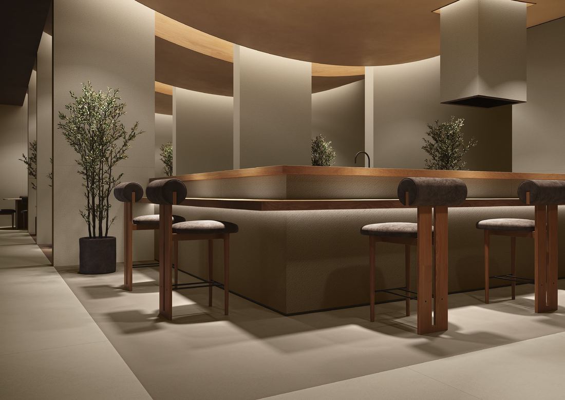 Warm stone dining space — 1200 × 2400 mm slab — Imperial Design Concepts, Mohali