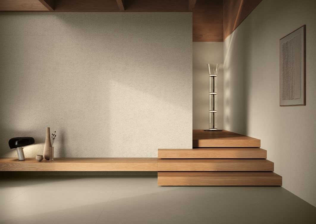 Warm stone steps interior — 1200 × 2400 mm slab — Imperial Design Concepts, Mohali